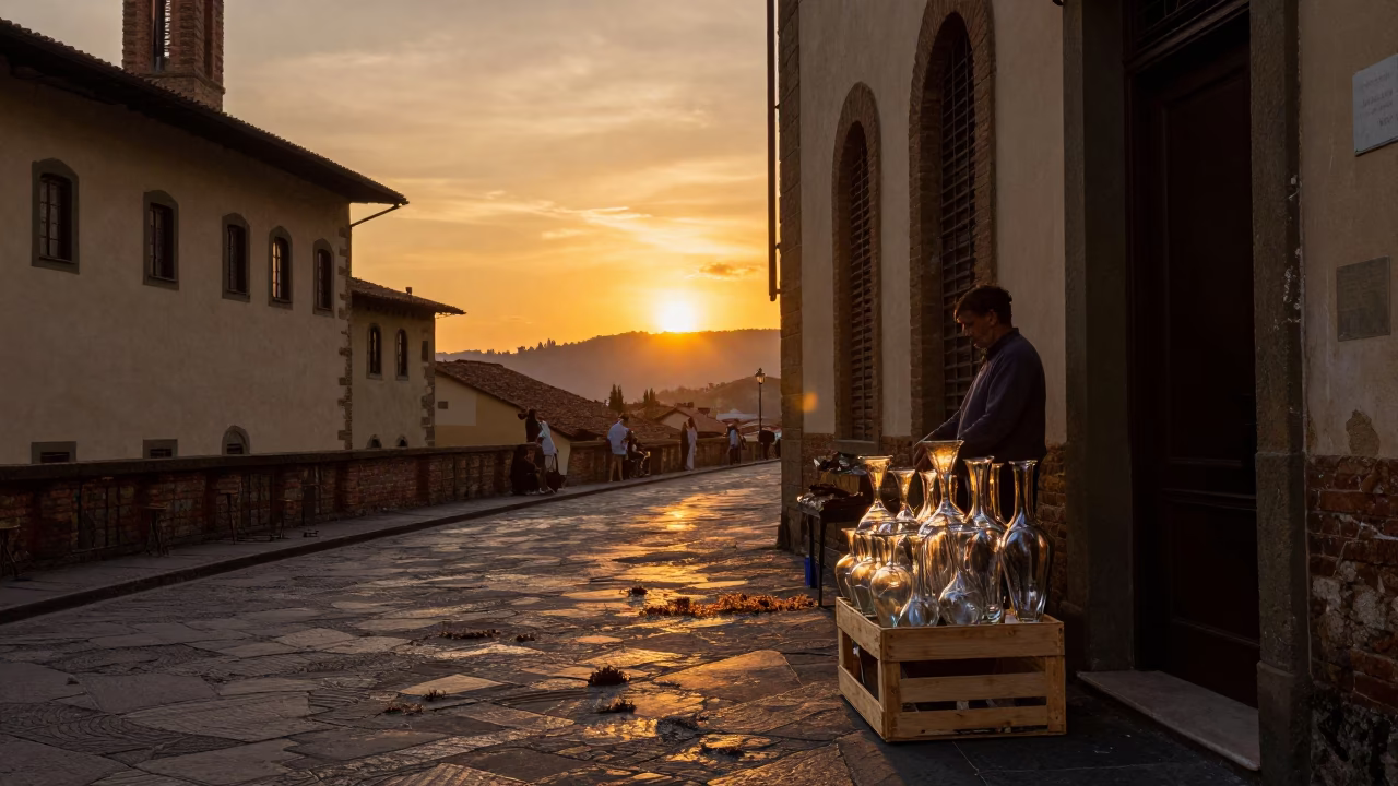 Sunset Street Scene in Florence Italy with Chestnut Husks and Glass Vases in in Florence, Italy