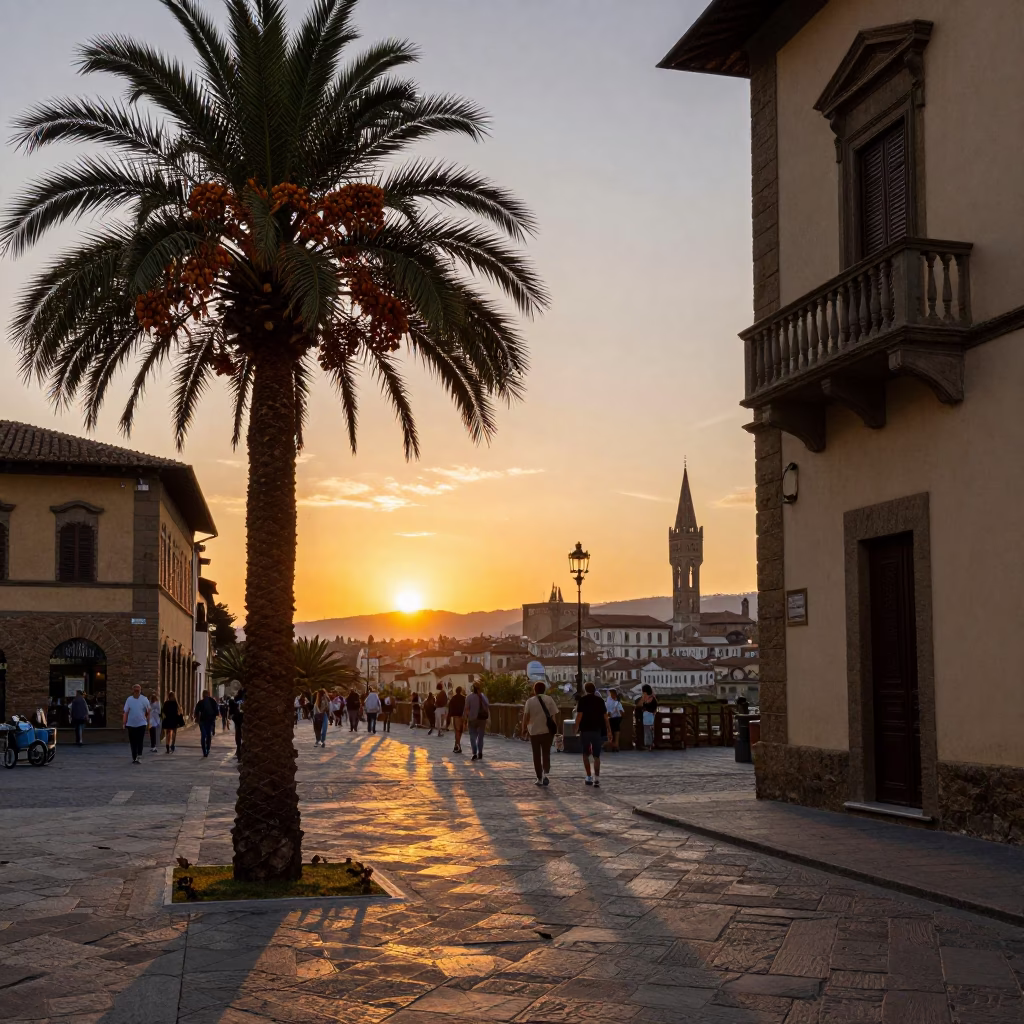 Sunset Street Scene in Florence Italy with Date Palm and Vintage Cars in in Florence, Italy