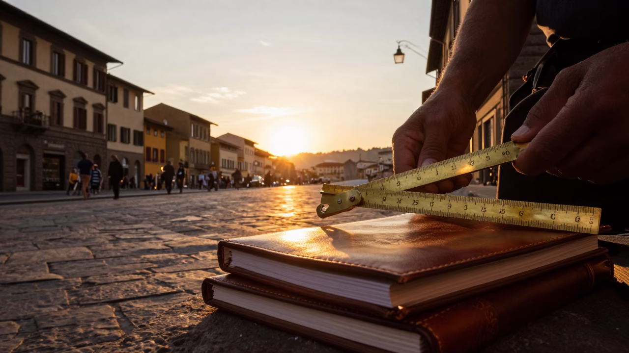 Sunset Street Scene in Florence Italy with Folding Ruler and Local Life in in Florence, Italy