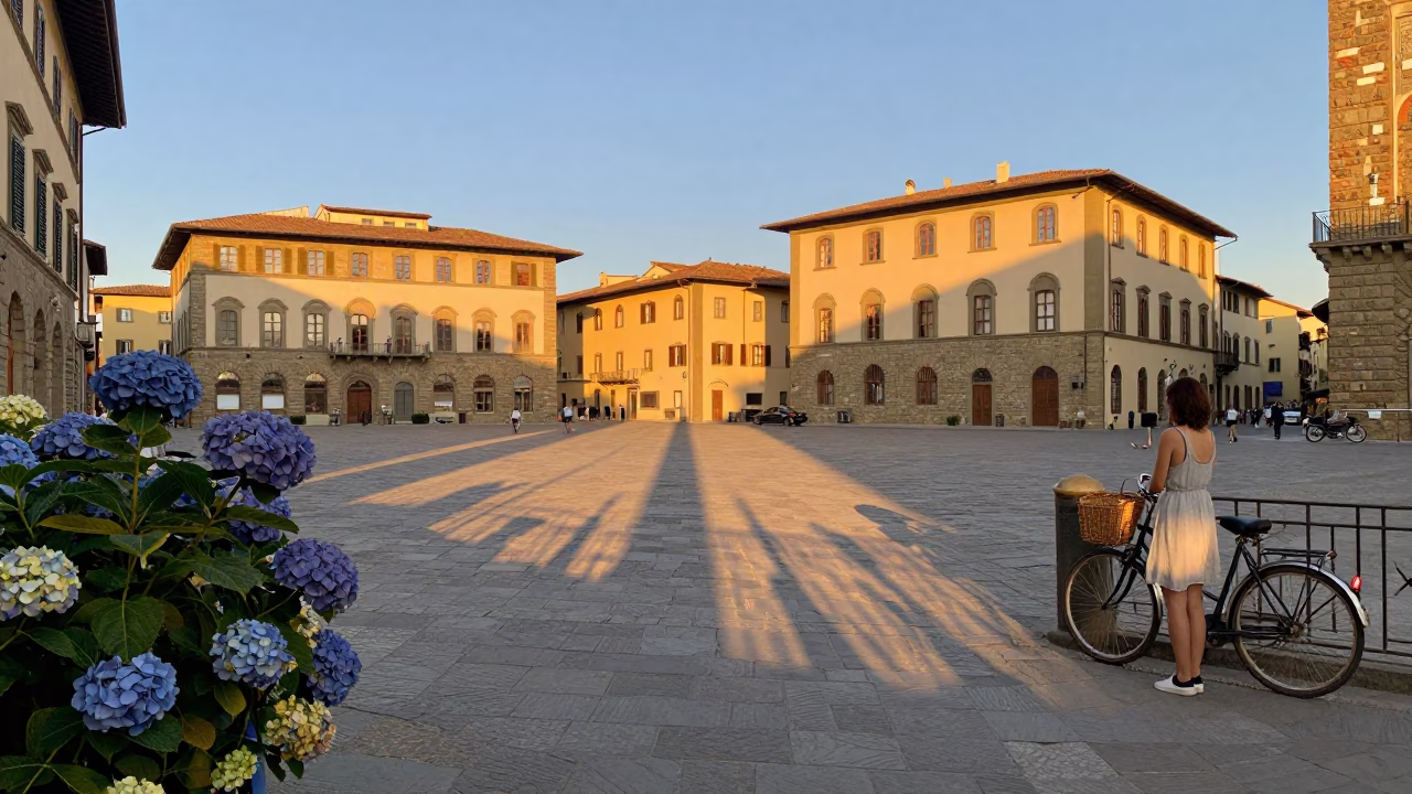 Sunset Street Scene in Florence Italy with Hydrangeas and Vintage Bicycle in in Florence, Italy