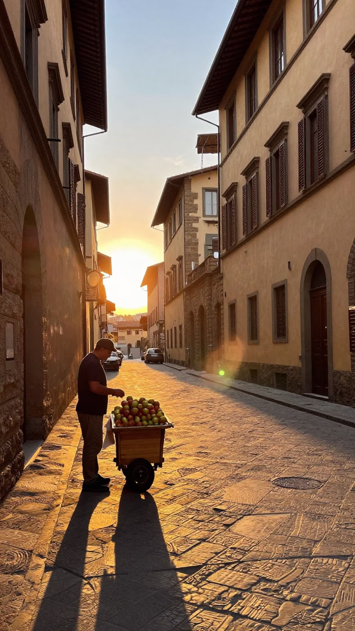 Sunset Street Scene in Florence Italy with Local Vendor and Apples in in Florence, Italy