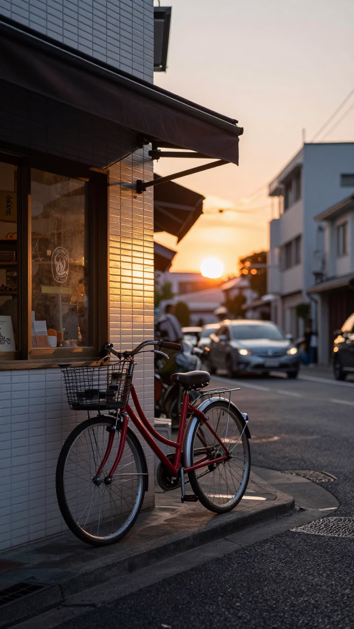 Sunset Street Scene in Fukuoka Japan with Bicycle and Bakery in in Fukuoka, Japan