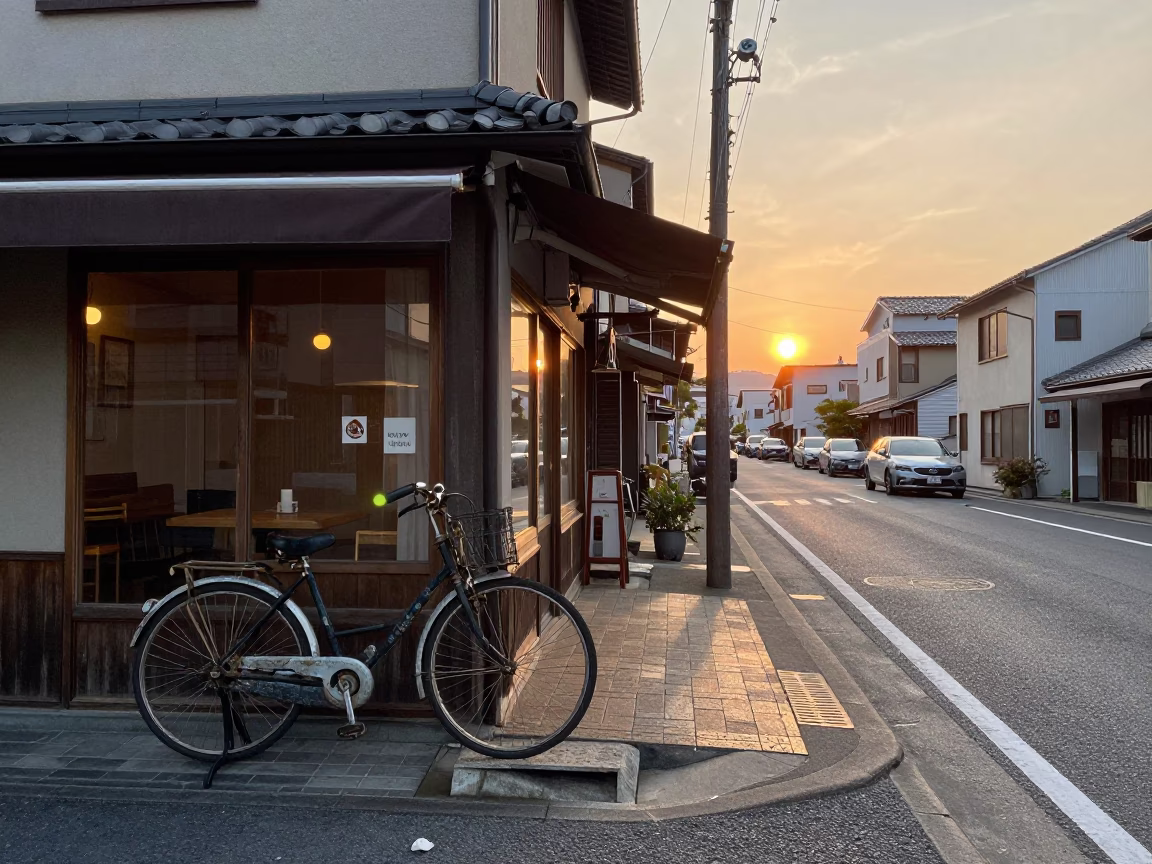 Sunset Street Scene in Fukuoka Japan with Bicycle and Local Shop Display in in Fukuoka, Japan