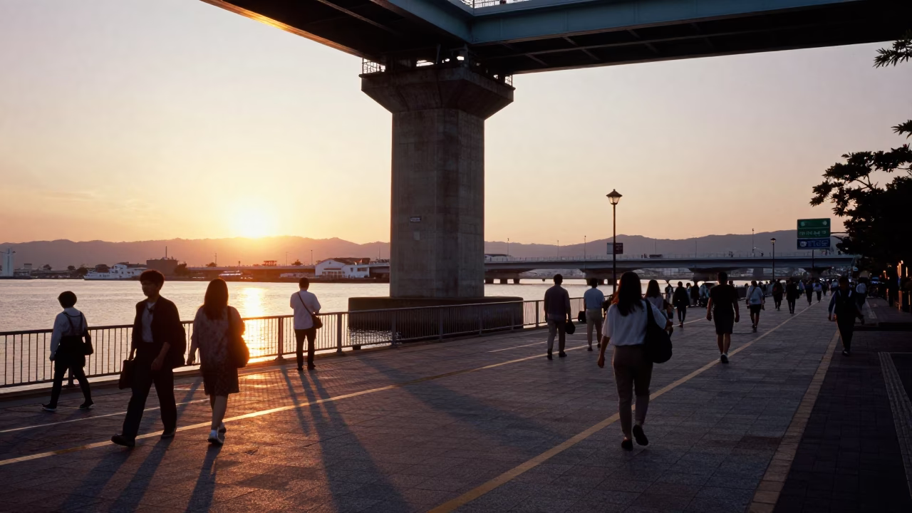 Sunset Street Scene in Fukuoka Japan with Bridge Pier and Water Marks in in Fukuoka, Japan