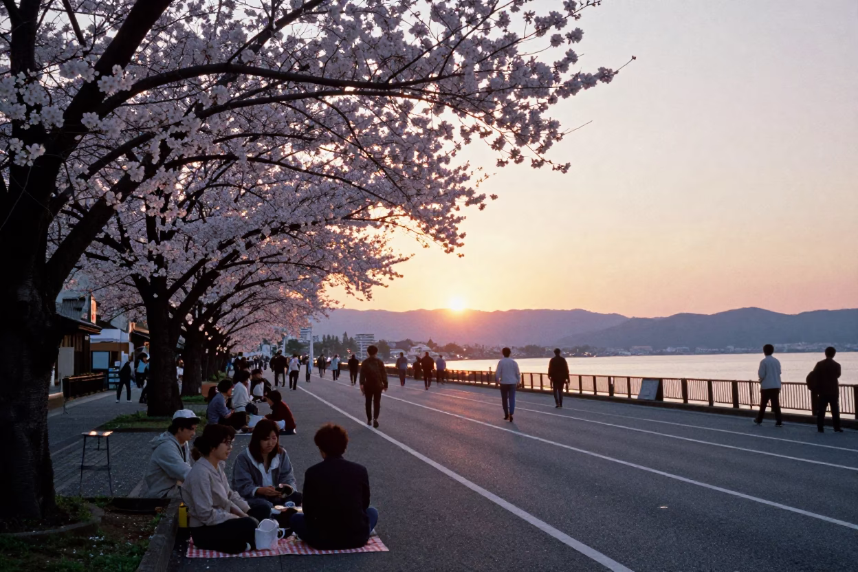 Sunset Street Scene in Fukuoka Japan with Cherry Blossoms and Local Life in in Fukuoka, Japan