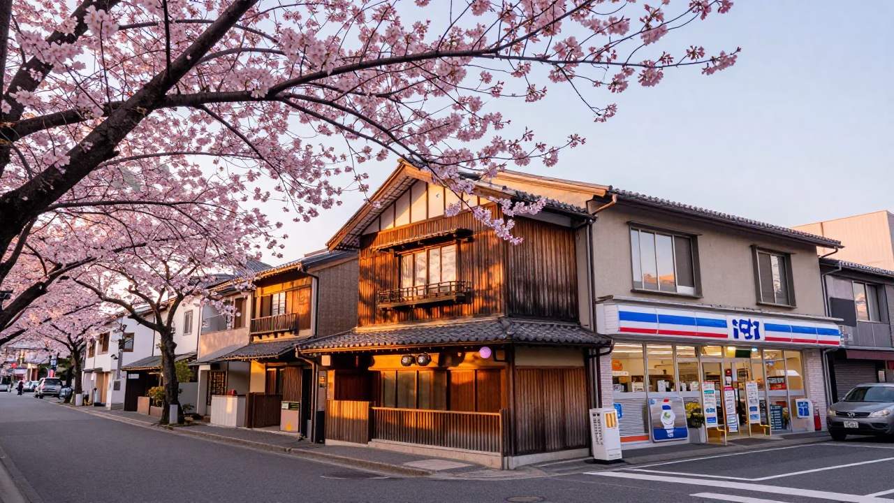 Sunset street scene in Fukuoka Japan with cherry blossoms and traditional architecture in in Fukuoka, Japan