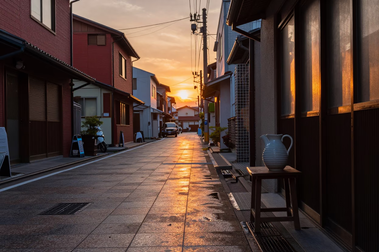 Sunset street scene in Fukuoka Japan with condensation on tile grout and ceramic pitcher in in Fukuoka, Japan