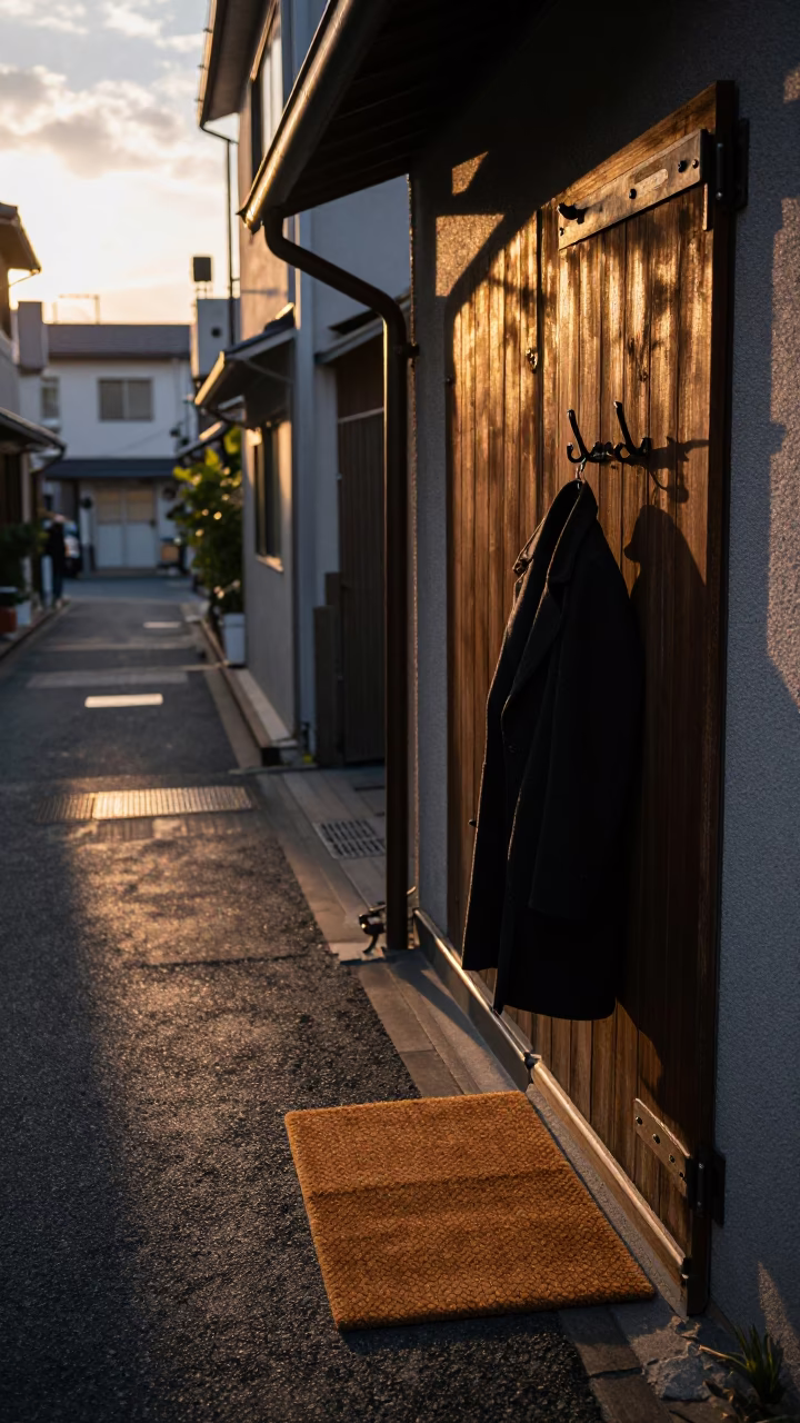 Sunset Street Scene in Fukuoka Japan with Door Mats and Coat Hooks in in Fukuoka, Japan