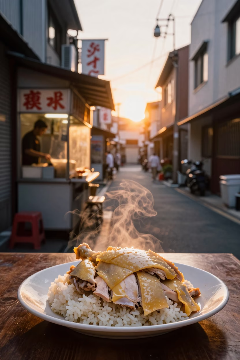 Sunset Street Scene in Fukuoka Japan with Hainanese Chicken Rice and Origami Crane in in Fukuoka, Japan