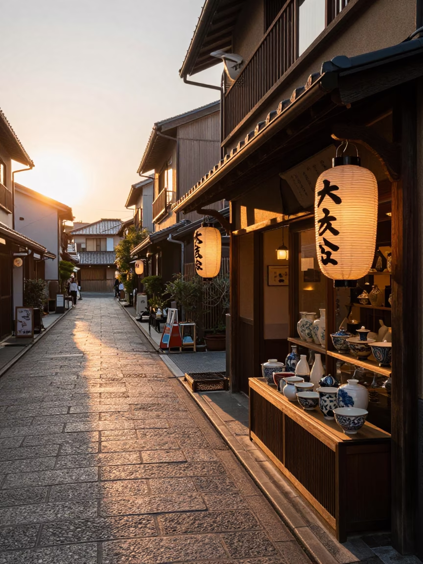 Sunset Street Scene in Fukuoka Japan with Lanterns and Porcelain Details in in Fukuoka, Japan