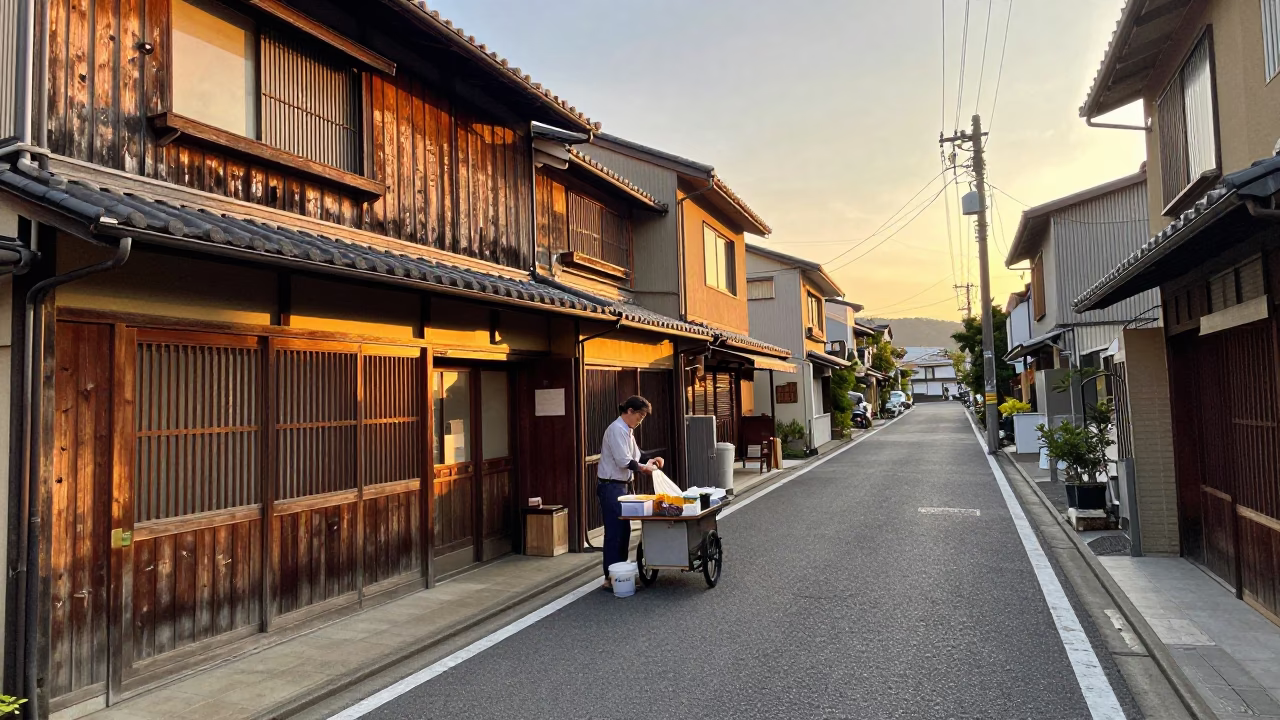 Sunset Street Scene in Fukuoka Japan with Local Vendor and Clear Glass Basin in in Fukuoka, Japan