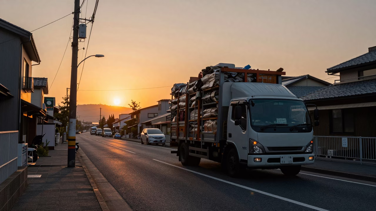 Sunset Street Scene in Fukuoka Japan with Overloaded Truck and Local Details in in Fukuoka, Japan