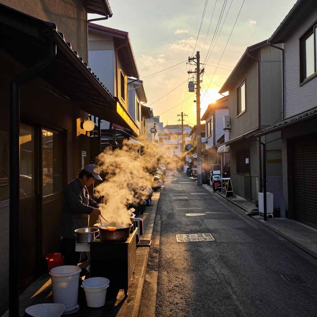 Sunset Street Scene in Fukuoka Japan with Steam and Urban Details in in Fukuoka, Japan