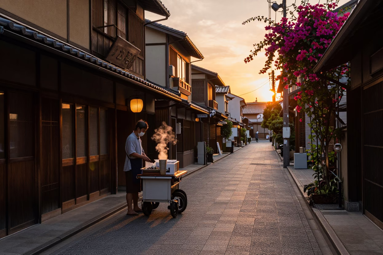 Sunset Street Scene in Fukuoka Japan with Steaming Cup and Bougainvillea in in Fukuoka, Japan