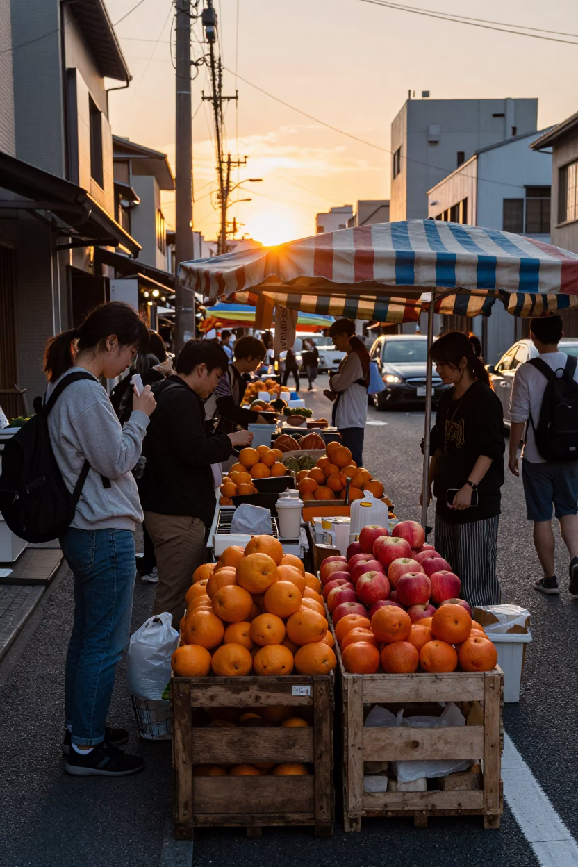 Sunset Street Scene in Fukuoka Japan with Students and Market Vendors in in Fukuoka, Japan