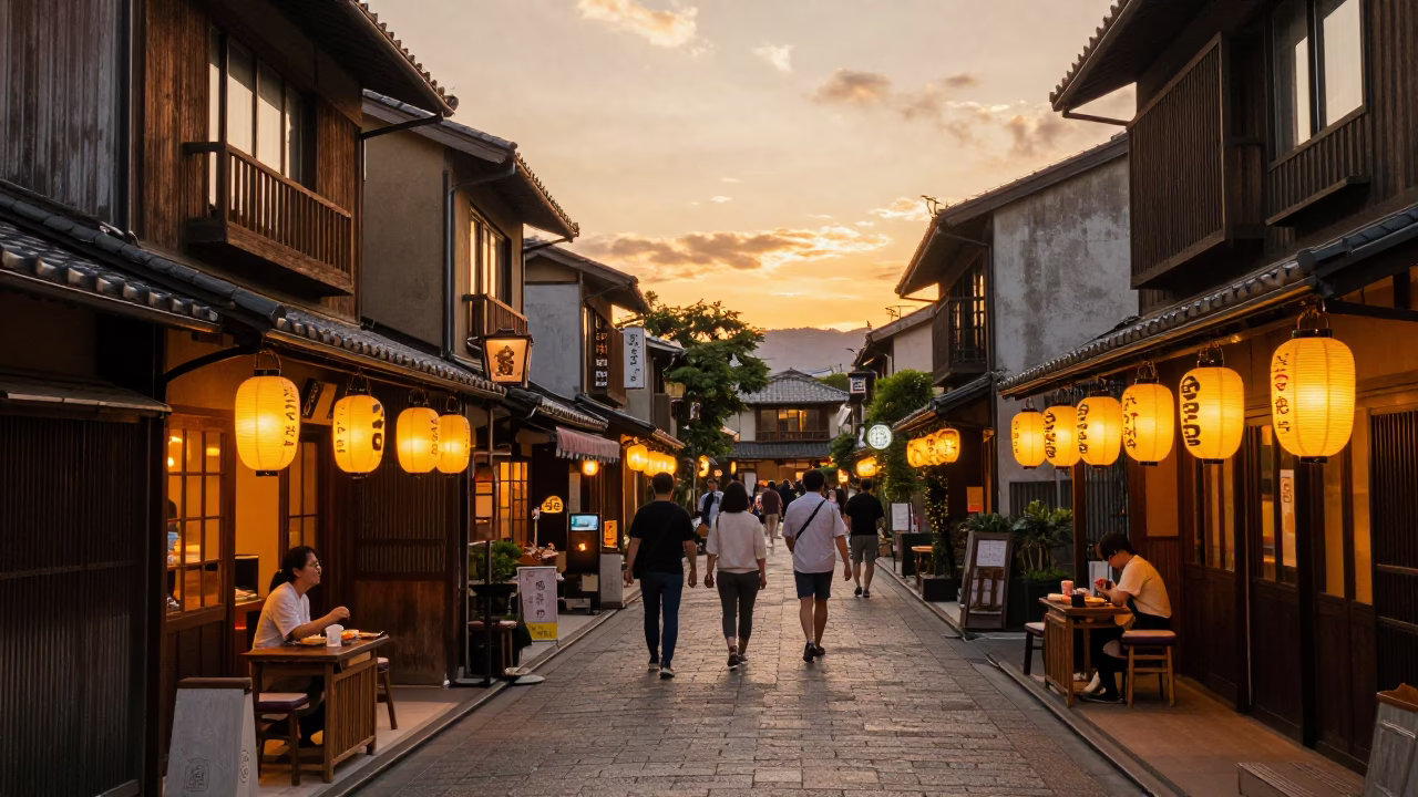 Sunset Street Scene in Fukuoka Japan with Traditional Lanterns and Local Diners in in Fukuoka, Japan