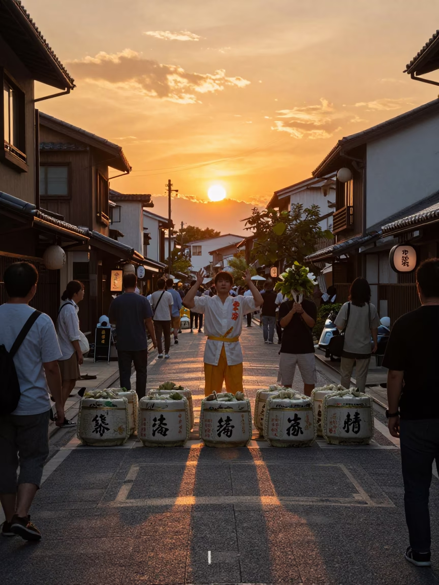 Sunset Street Scene in Fukuoka Japan with Traditional Sake Barrel Ceremony in in Fukuoka, Japan