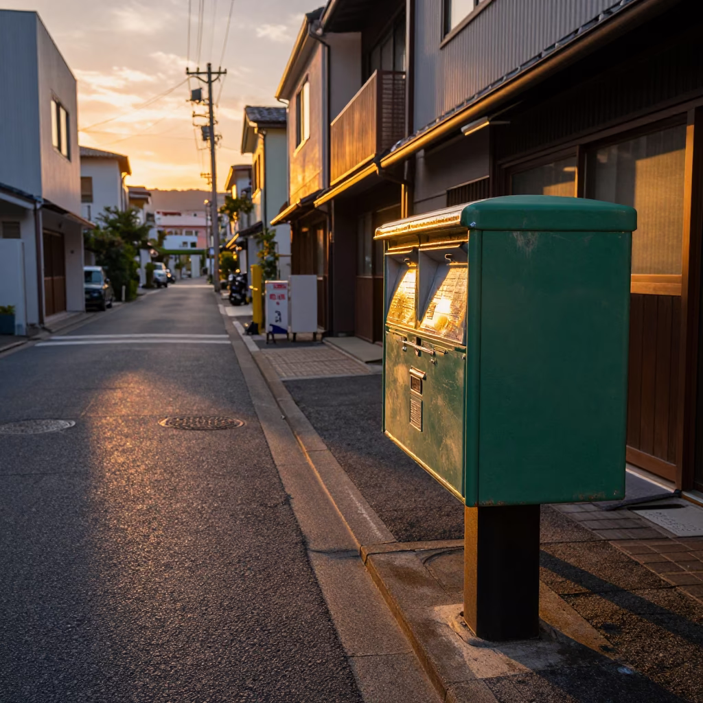 Sunset Street Scene in Fukuoka Japan with Vintage Mailbox and Local Activity in in Fukuoka, Japan