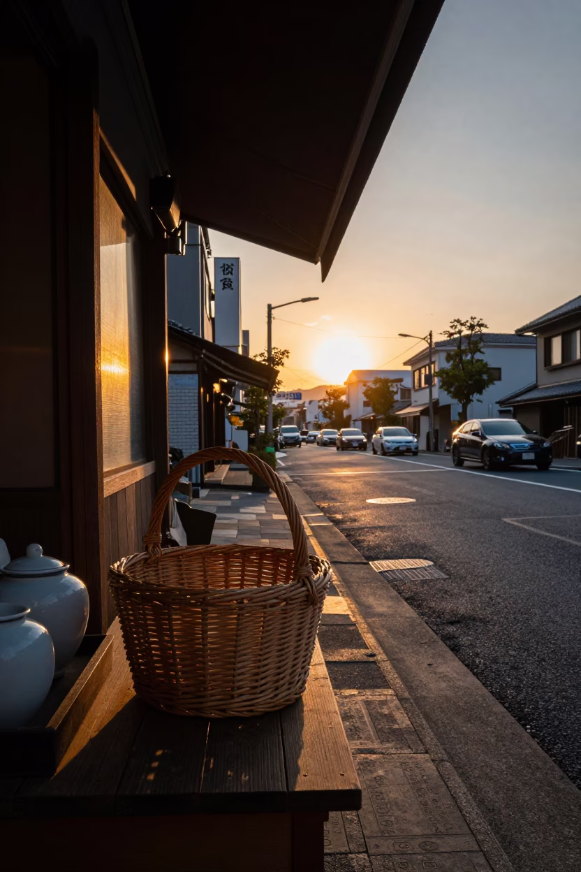 Sunset Street Scene in Fukuoka Japan with Wicker Basket and Ceramic Jar in in Fukuoka, Japan