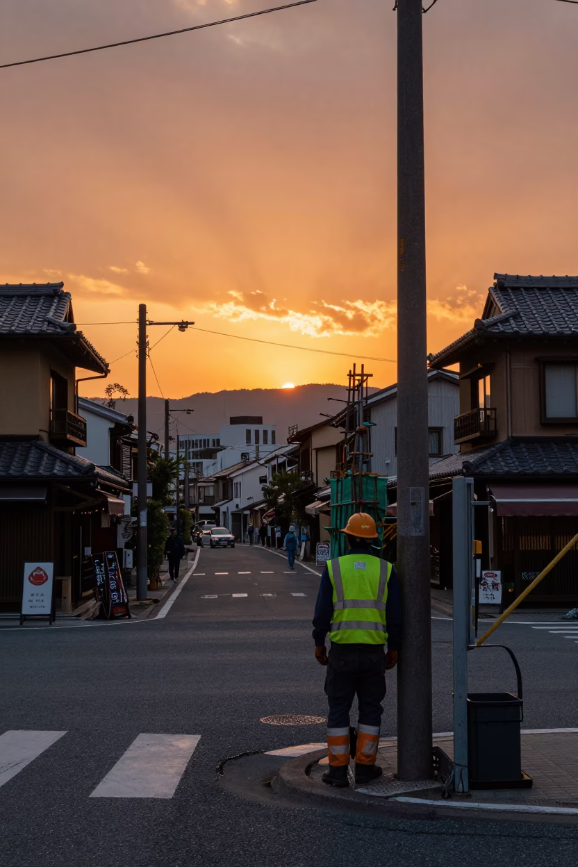 Sunset Street Scene in Fukuoka Japan with Worker Gear and Urban Details in in Fukuoka, Japan