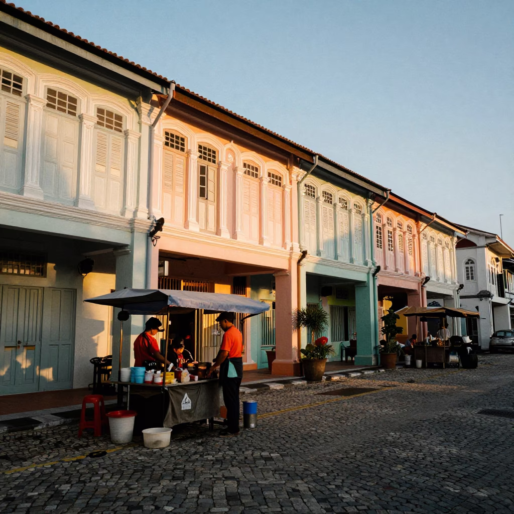 Sunset Street Scene in George Town Malaysia with Food Vendor and Historic Architecture in in George Town, Malaysia