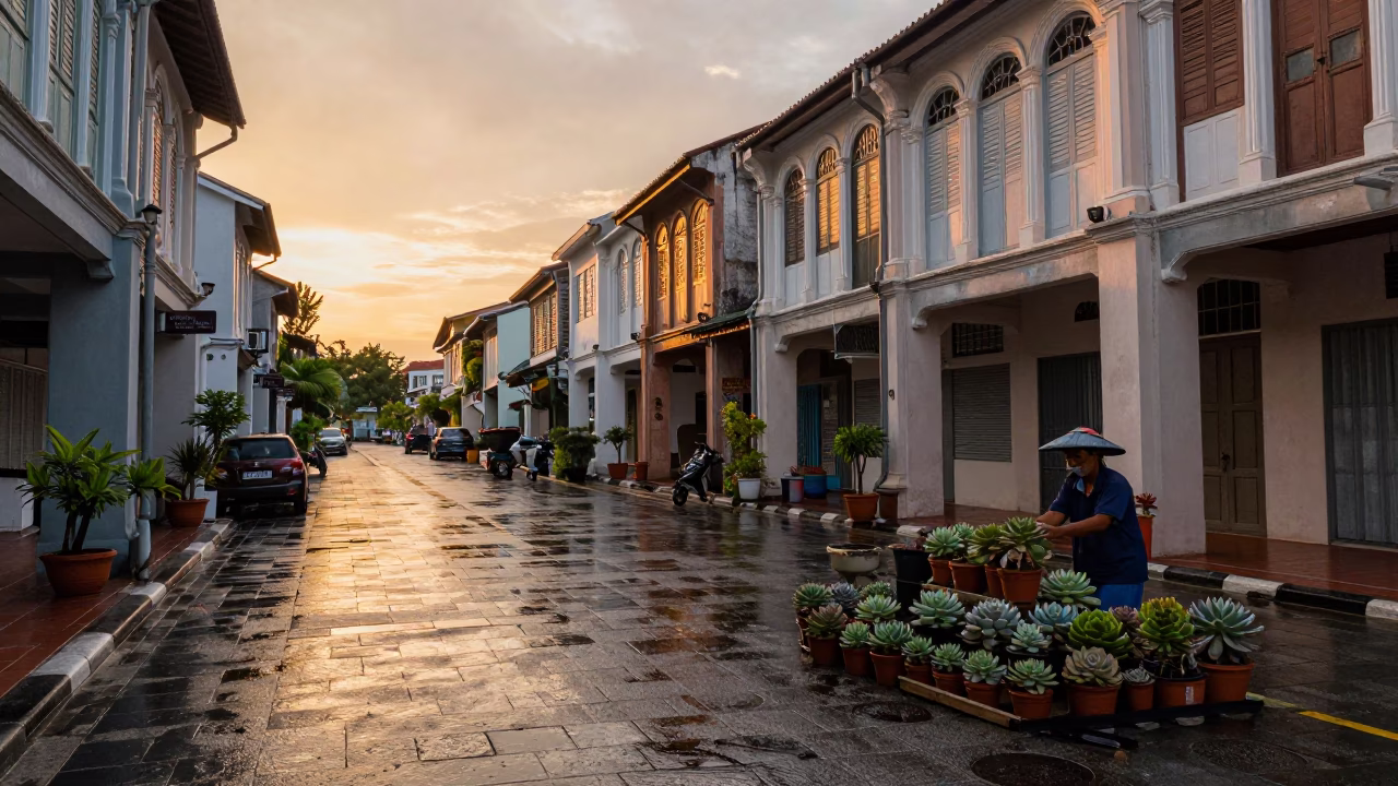 Sunset Street Scene in George Town Malaysia with Potted Succulents and Wet Flagstones in in George Town, Malaysia