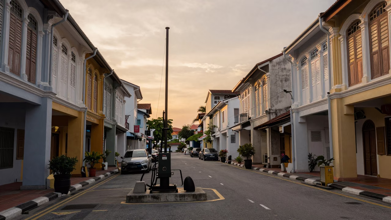 Sunset street scene in George Town Malaysia with pump station and dim sum vendor in in George Town, Malaysia