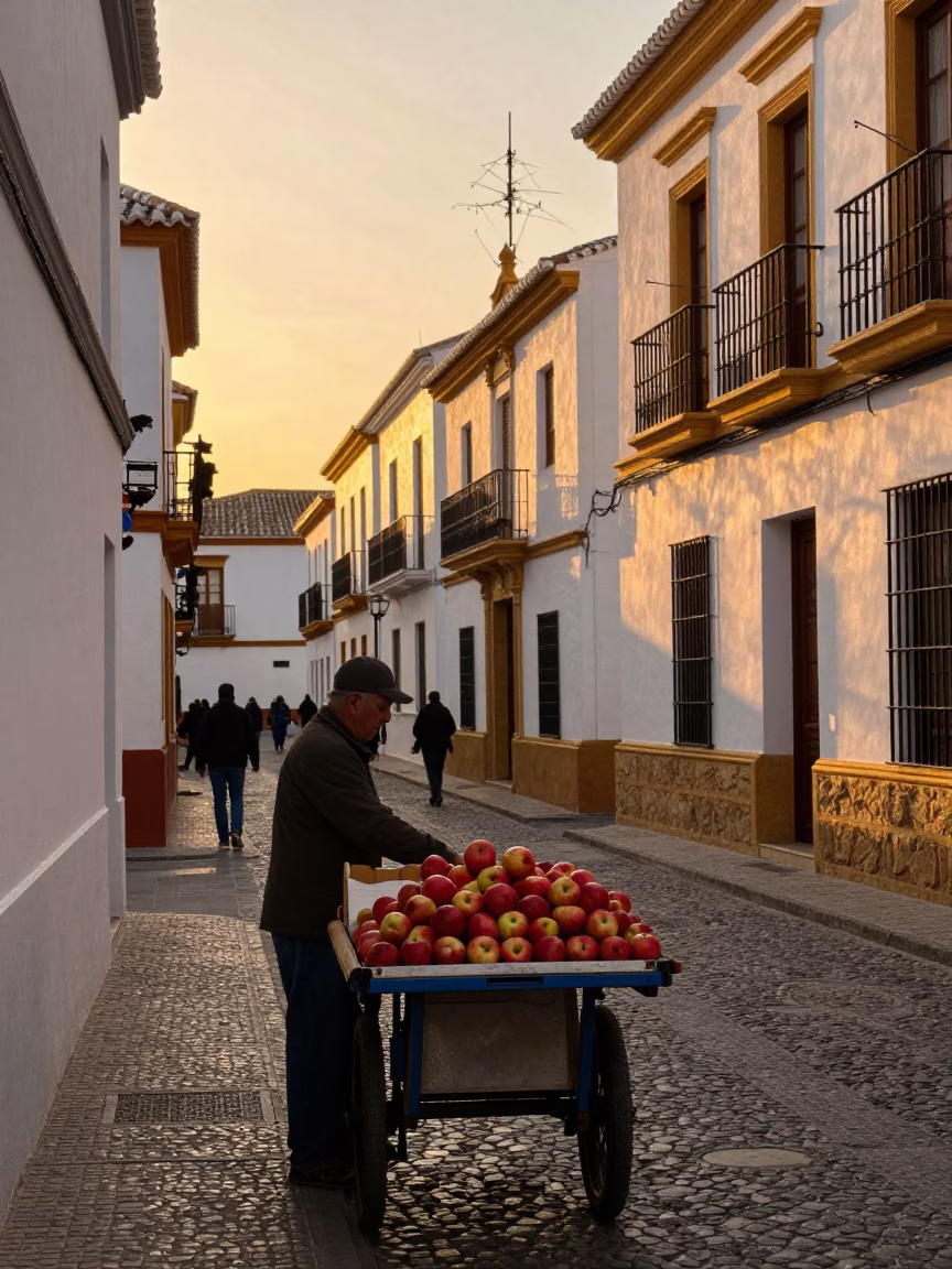Sunset Street Scene in Granada Spain with Apples and Local Life in in Granada, Spain