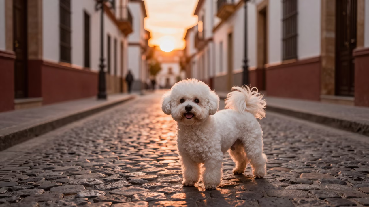 Sunset Street Scene in Granada Spain with Bichon Frise and Vintage Majolica in in Granada, Spain