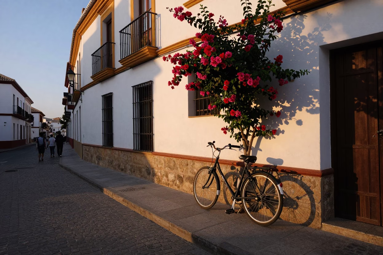Sunset Street Scene in Granada Spain with Bicycle and Flowering Plant in in Granada, Spain