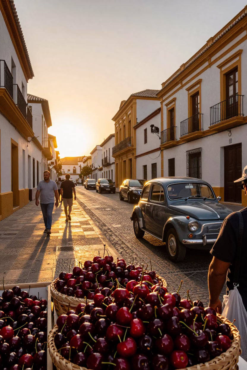 Sunset Street Scene in Granada Spain with Cherries and Vintage Car Rally in in Granada, Spain