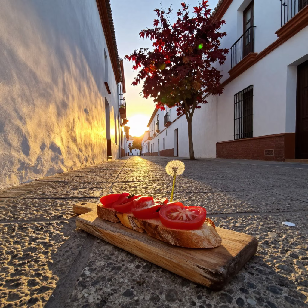 Sunset Street Scene in Granada Spain with Dandelion and Japanese Maple in in Granada, Spain