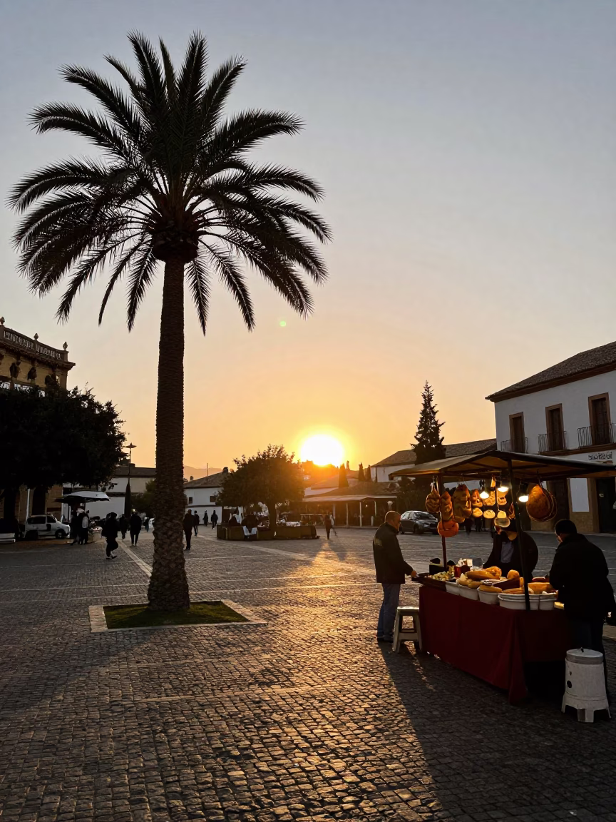 Sunset Street Scene in Granada Spain with Date Palm and Bread Loaves in in Granada, Spain