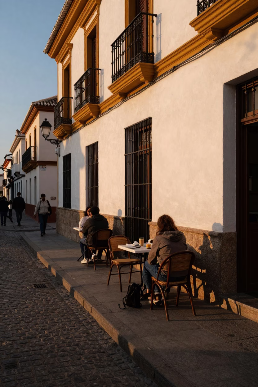 Sunset Street Scene in Granada Spain with Local Cafe Table and Alhambra View in in Granada, Spain