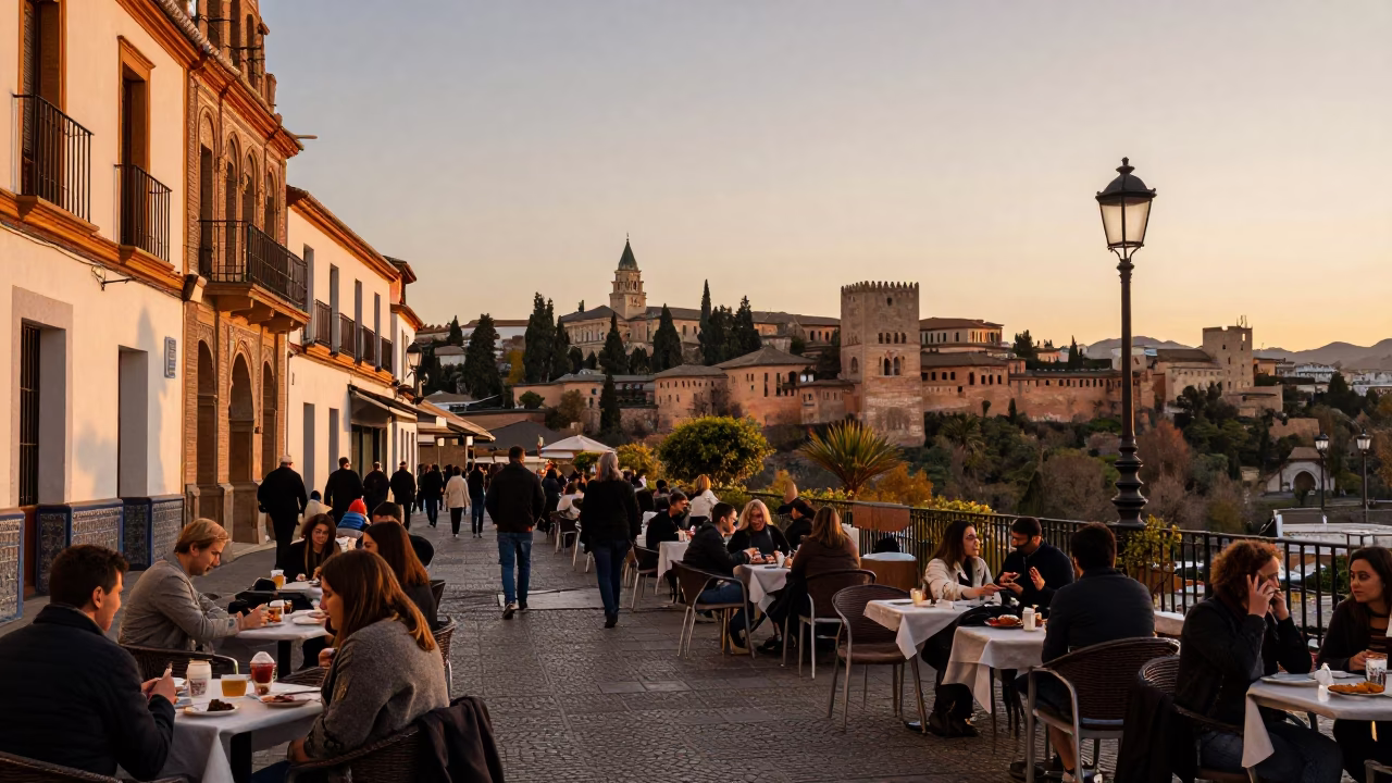 Sunset Street Scene in Granada Spain with Local Diners and Cardigans in in Granada, Spain