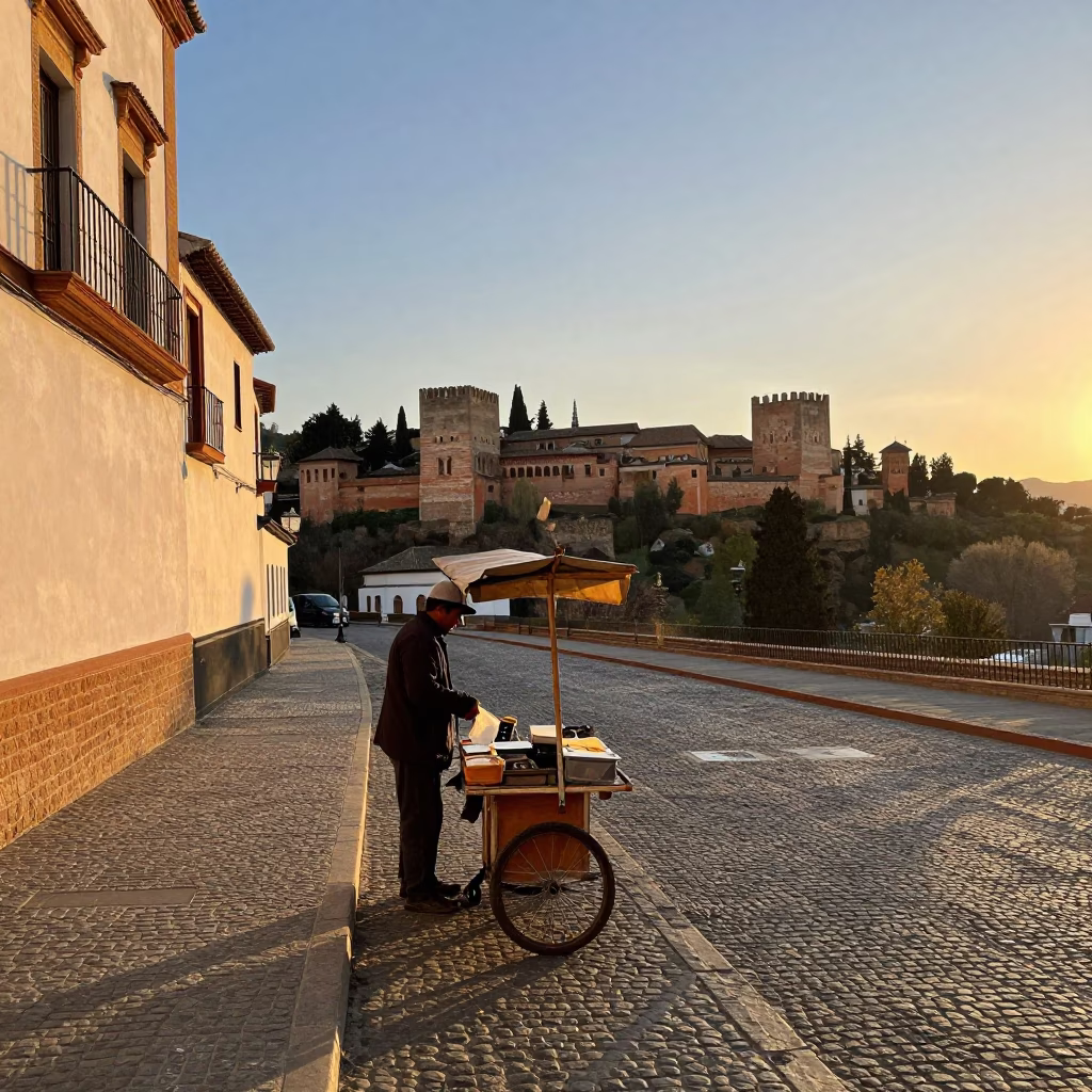 Sunset Street Scene in Granada Spain with Local Vendor and Traditional Lamb Tagine Plate in in Granada, Spain