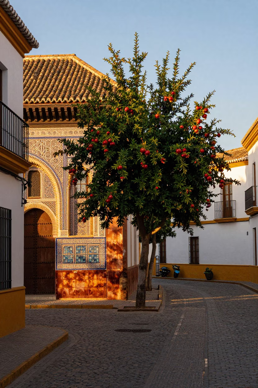 Sunset Street Scene in Granada Spain with Pomegranate Tree and Rusty Lockbox in in Granada, Spain