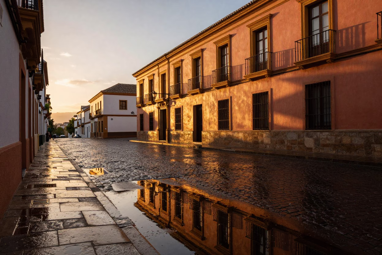 Sunset Street Scene in Granada Spain with Puddle Reflections and Rain Boots in in Granada, Spain