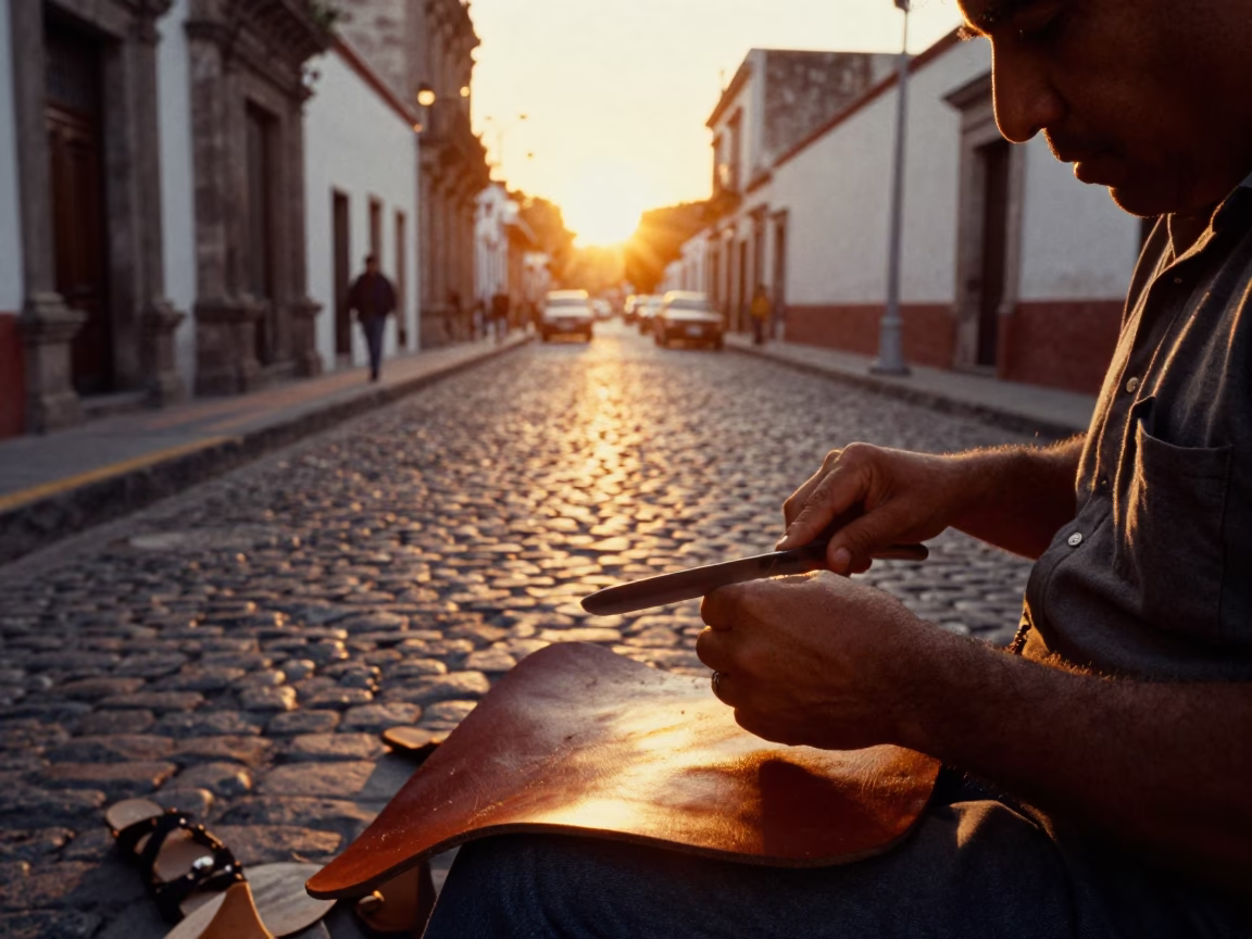 Sunset street scene in Guadalajara Mexico with artisan sandal maker cutting leather curved knife in in Guadalajara, Mexico