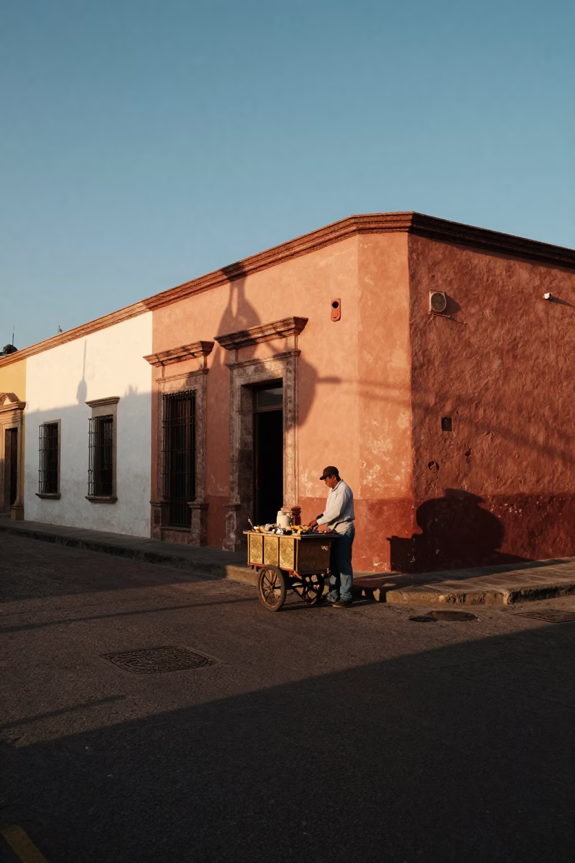 Sunset Street Scene in Guadalajara Mexico with Brass Plate and Casual Dining in in Guadalajara, Mexico