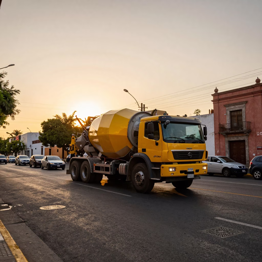 Sunset Street Scene in Guadalajara Mexico with Cement Mixer and Urban Architecture in in Guadalajara, Mexico