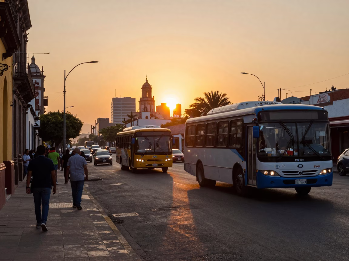 Sunset Street Scene in Guadalajara Mexico with Colorful Buses and Pedestrians in in Guadalajara, Mexico