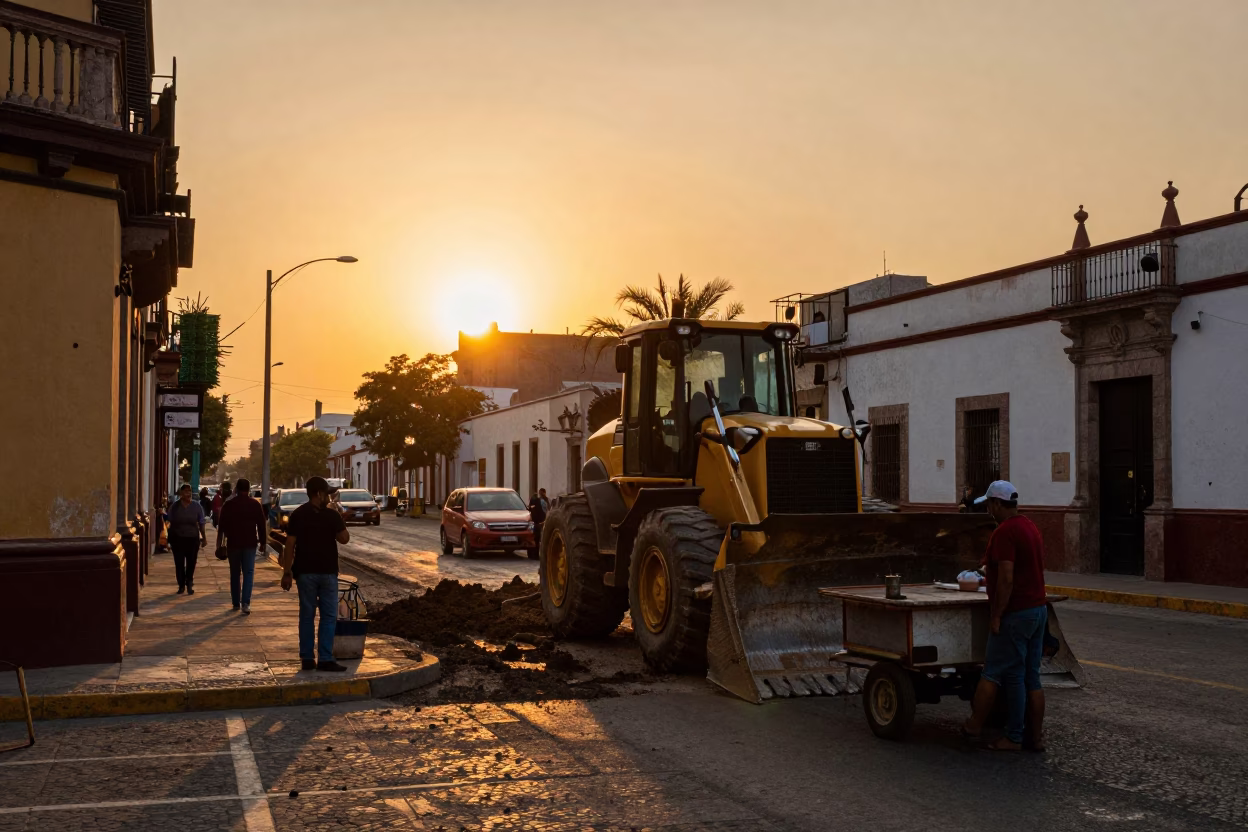 Sunset Street Scene in Guadalajara Mexico with Construction and Local Life in in Guadalajara, Mexico