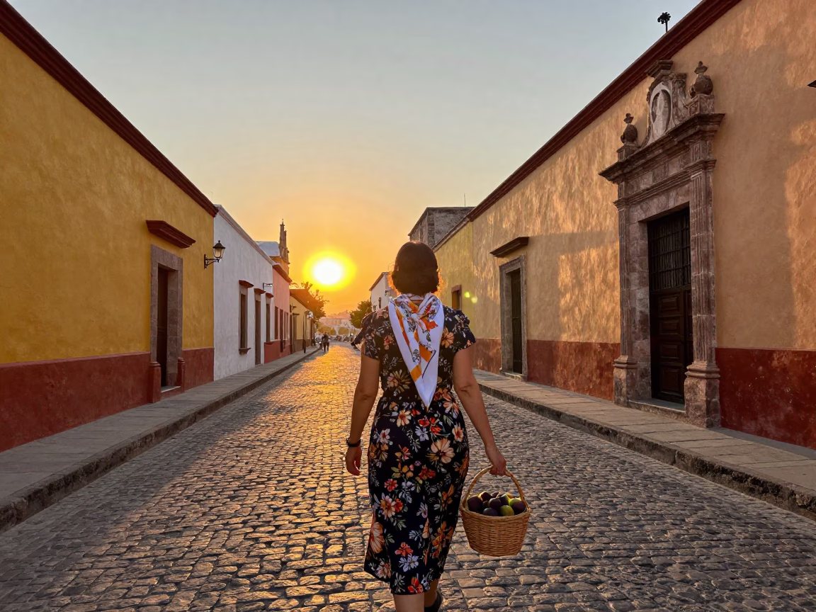 Sunset Street Scene in Guadalajara Mexico with Figs and Scarf in in Guadalajara, Mexico
