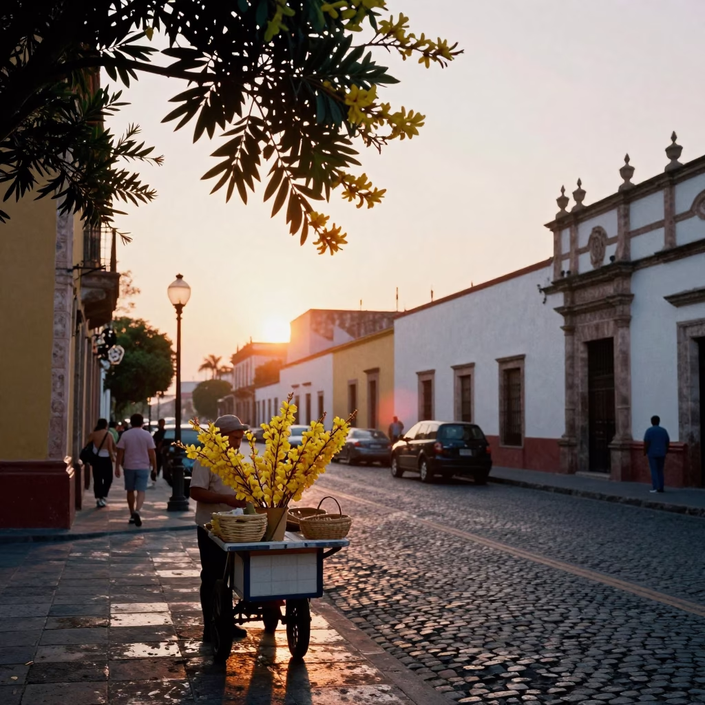 Sunset Street Scene in Guadalajara Mexico with Frangipani Branch and Cobblestone Reflections in in Guadalajara, Mexico