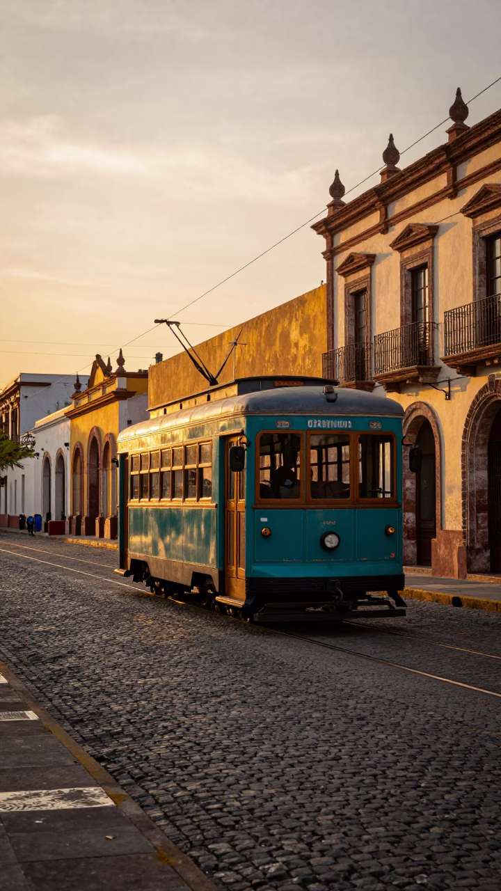 Sunset Street Scene in Guadalajara Mexico with Heritage Tram on Cobblestone Avenue in in Guadalajara, Mexico