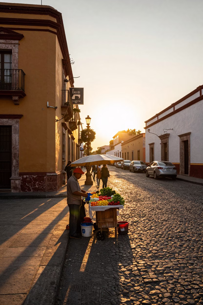 Sunset Street Scene in Guadalajara Mexico with Local Vendor and Decorative Brass Details in in Guadalajara, Mexico