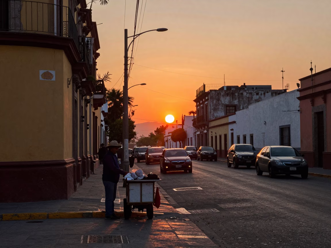 Sunset Street Scene in Guadalajara Mexico with Local Vendor and Urban Details in in Guadalajara, Mexico