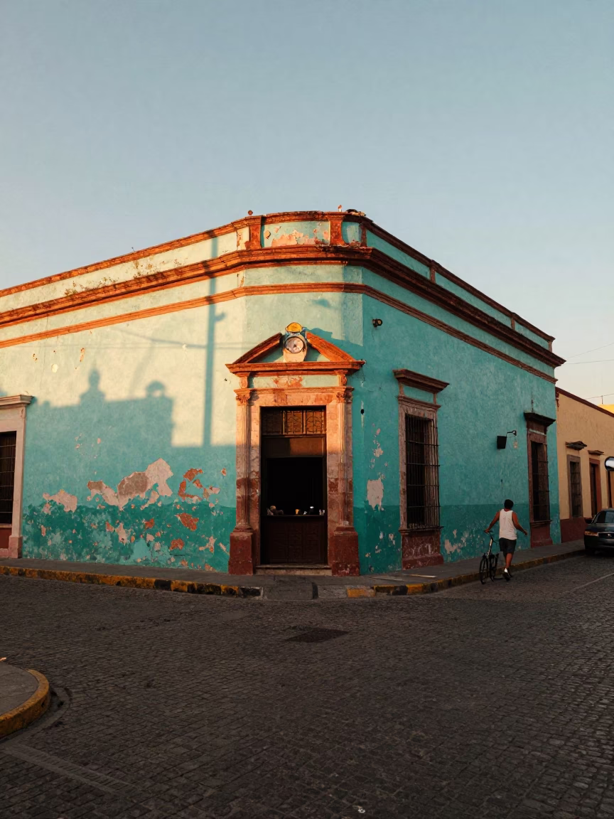 Sunset street scene in Guadalajara Mexico with peeling turquoise paint on colonial building facade in in Guadalajara, Mexico