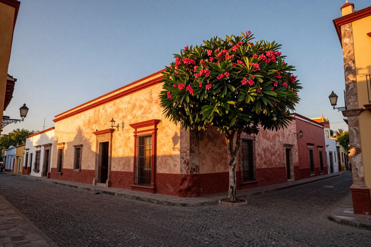 Sunset Street Scene in Guadalajara Mexico with Red Lacquered Wood and Frangipani Bloom in in Guadalajara, Mexico